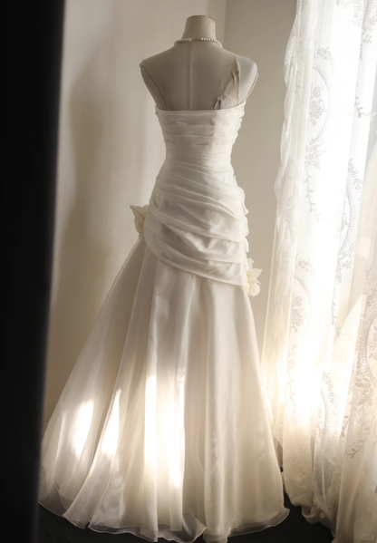 Pretty Strapless Satin Tulle Pleated Mermaid Long Wedding Dress Formal White Bridal Dress With 3D Flowers SP2090