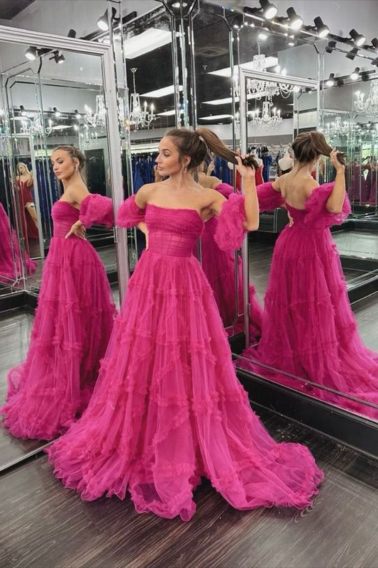 Fuchsia Strapless Tulle A-line Ruffles Long Prom Dress Y5883