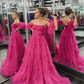 Fuchsia Strapless Tulle A-line Ruffles Long Prom Dress Y5883