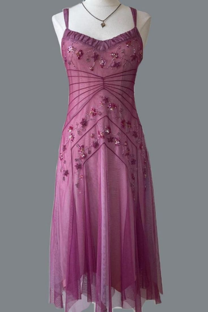 Pretty Spaghetti Straps Pink Tulle Beaded Mid-Length A Line Birthday Prom Dress Evening Gowns SP2105