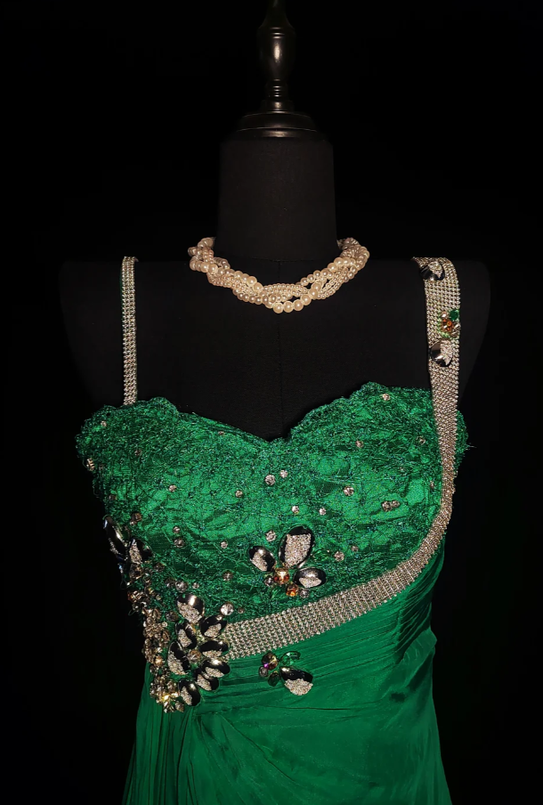 Chic Green Spaghetti Straps Satin Beaded Pleated Mermaid Long Prom Gown Evening Dress SP438