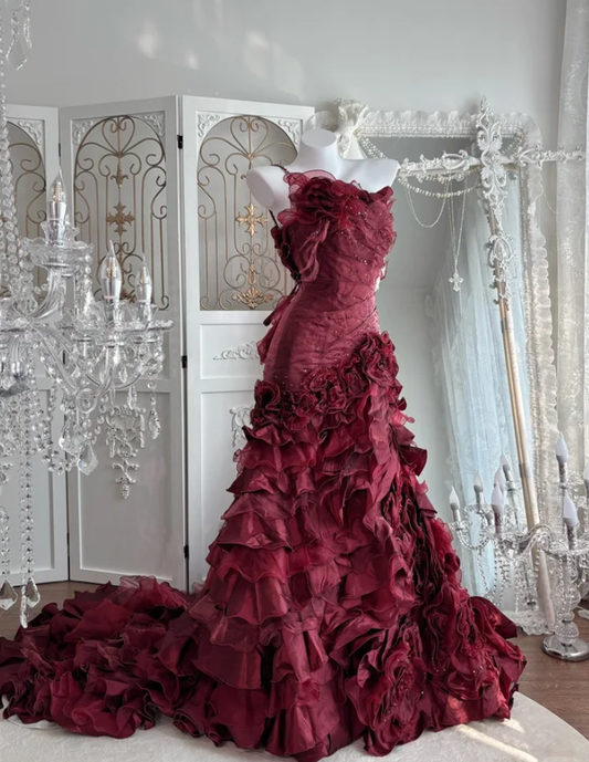 Charming Burgundy One Shoulder Beaded Satin Pleated Flowers Mermaid Long Birthday Prom Dress Party Gown SP1469