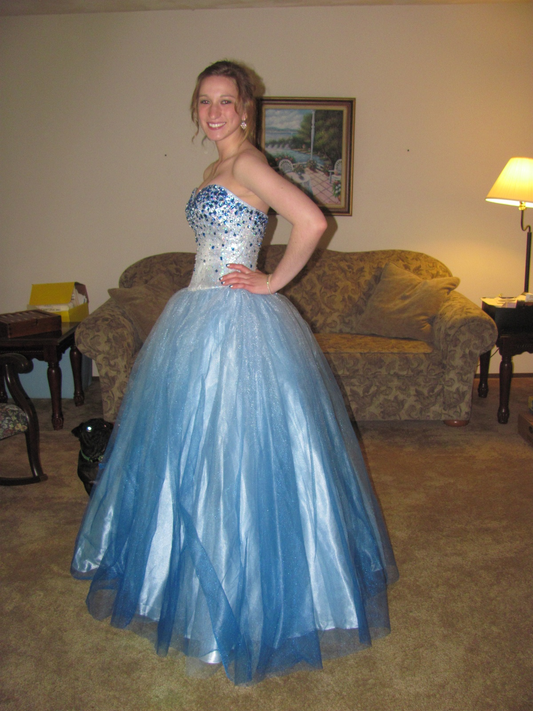 Charming Ombre Blue Tulle Beaded A Line Birthday Party Dress Long Prom Dresses SP1176