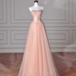 Pretty Peach Pink Strapless Sequins Tulle A Line Long Prom Dress Evening Dress Y8645