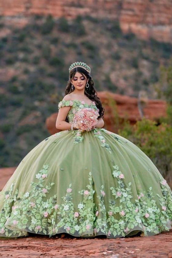 Light Sage Green Quinceanera Dresses Sweet 16 Pageant Floral Ball Gown  Y2063