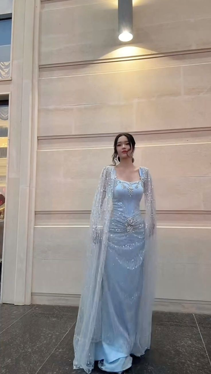 Elegant Blue Satin Tulle Sequin Beaded Long Party Dress Birthday Prom Dresses SP3996