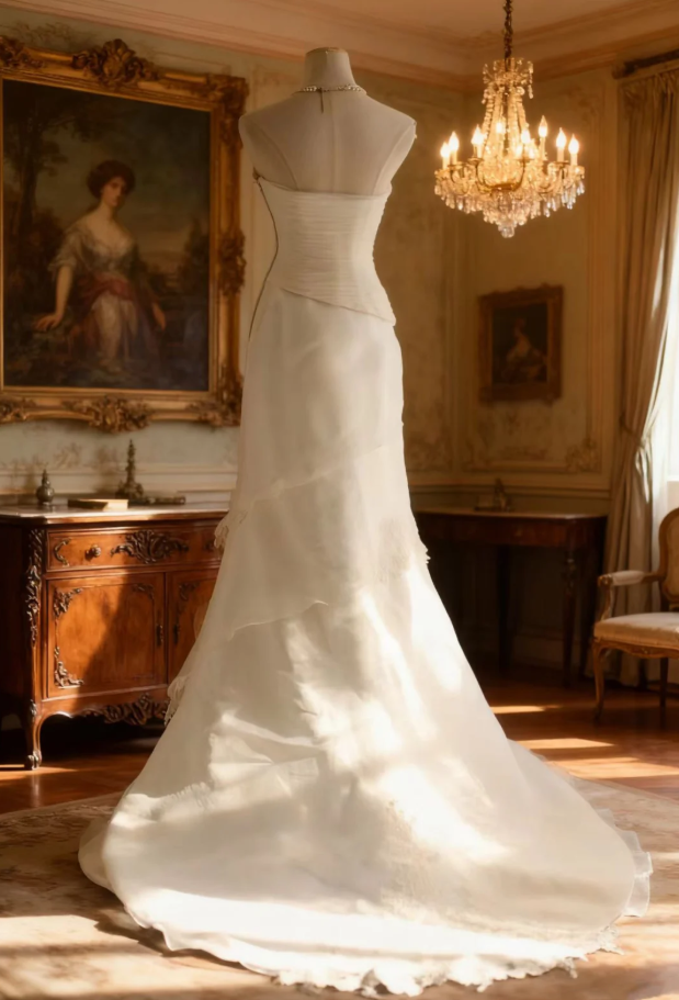 Elegant Strapless White Tulle Lace Appliques Mermaid Bridal Dress Long Wedding Dress SP1169