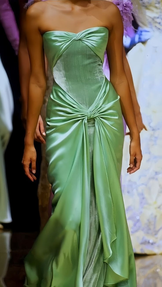 Classy Green Velvet Satin Prom Dress Strapless Evening Gown Y7725