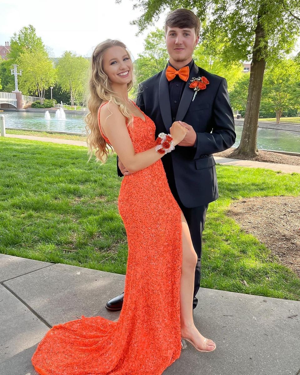 Orange Sequin Mermaid Long Evening Prom Dresses Y5212