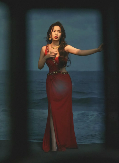 Charming Red One Shoulder Satin Beaded Mermaid Slit Prom Dress Long Evening Dress SP566