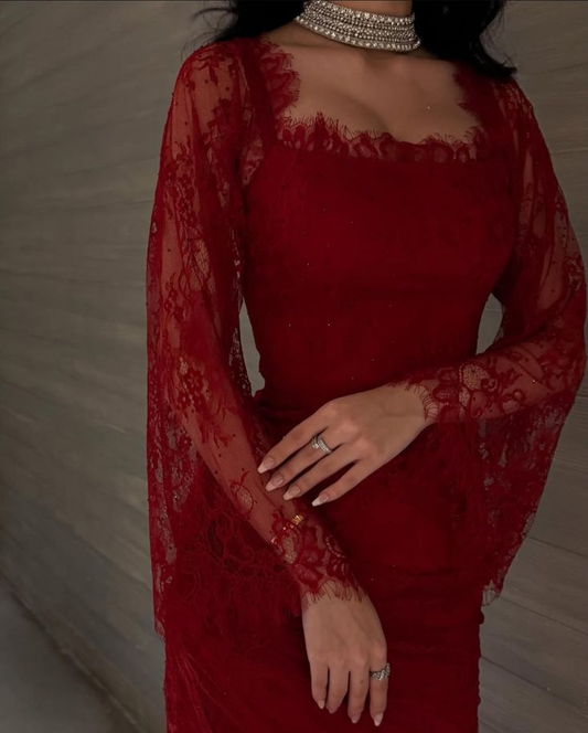 Pretty Red Lace Mermaid Evening Dress Long Birthday Prom Dress SP744