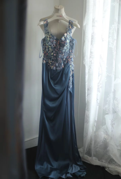 Elegant Blue Off The Shoulder Satin Sequin Appliques Mermaid Evening Dress Silt Long Wedding Guest Dress SP1211
