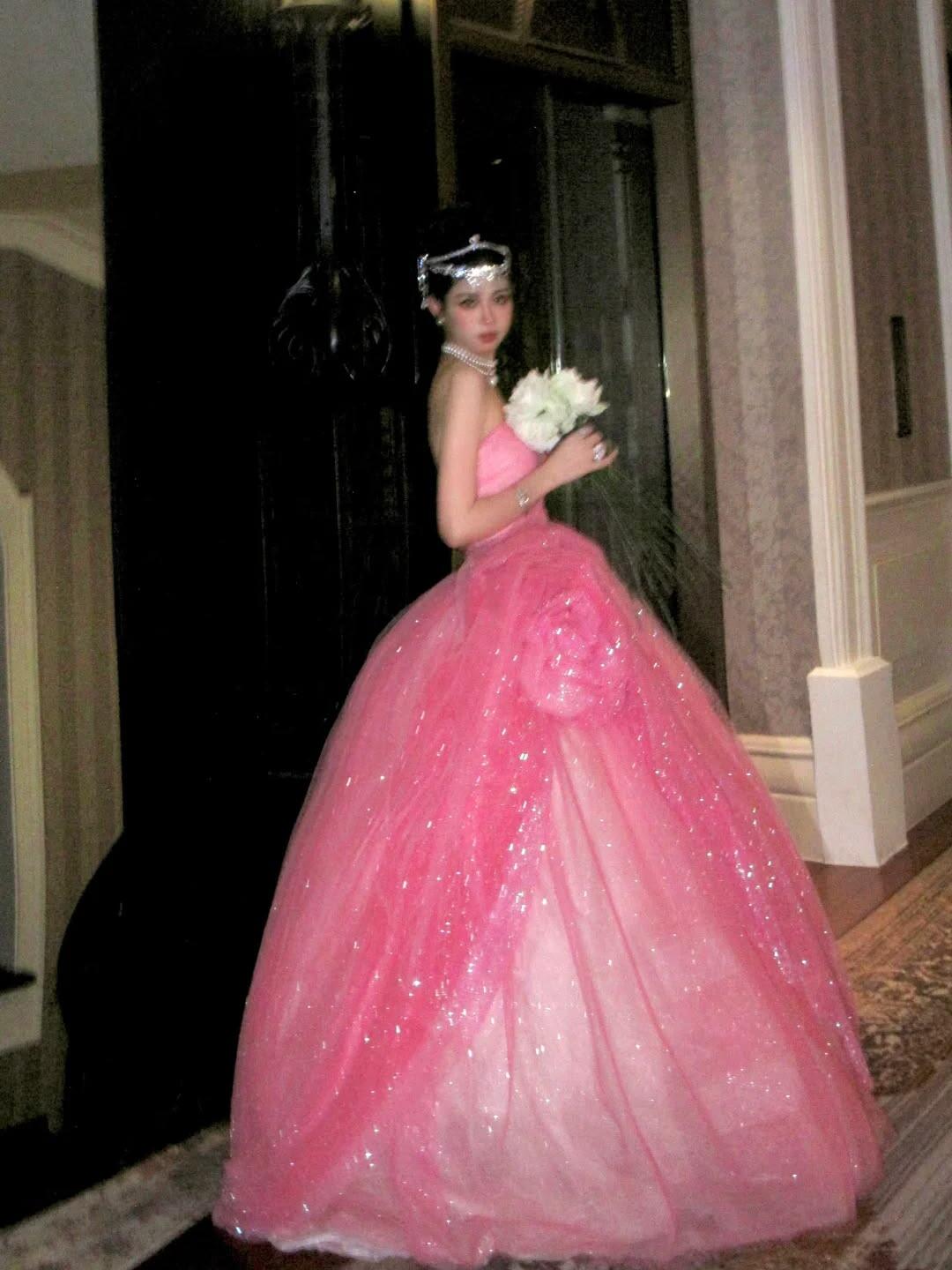 Glitter Pink Strapless Tulle Sequin Long Birthday Prom Dress Party Gown SP3911
