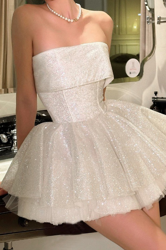 Glitter Strapless White Sequin A Line Short Homecoming Dress Birthday Dress SP2645