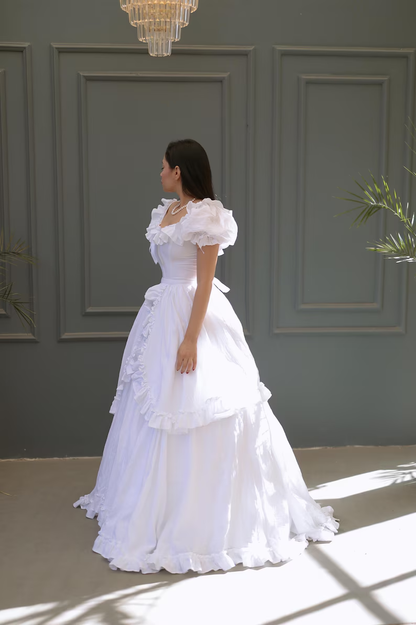 Vintage Off The Shoulder White Satin Ruffles Wedding Dress Long Bridal Dress SP2104