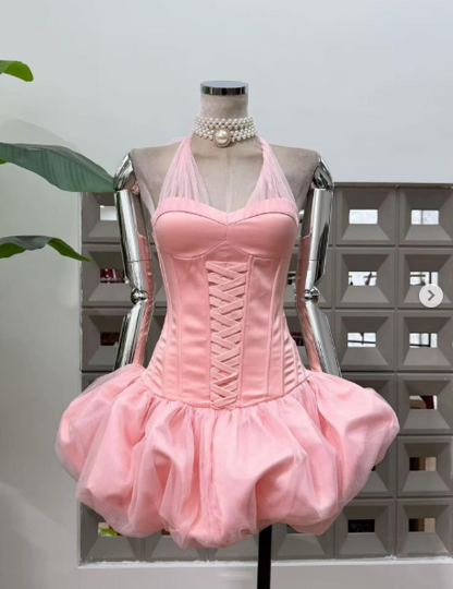 Sweet Halter Pink Satin Tulle A Line Short 19th Birthday Outfits,Mini Homecoming Dress SP3220