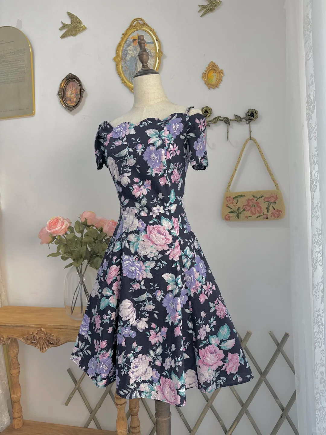 Vintage Off The Shoulder Print Floral A Line Short Homecoming Dress Birthday Outfits Y9756
