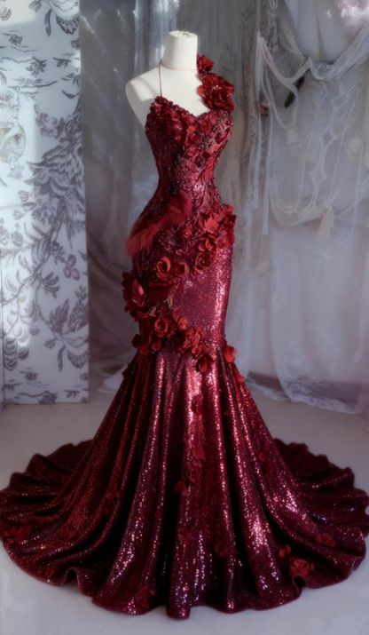 Gorgeous Halter Burgundy Sequin Appliques Mermaid Long Evening Dress Prom Dresses SP1470