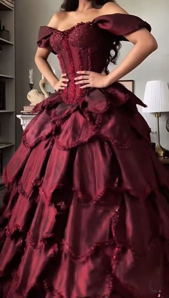 Vintage Off The Shoulder Satin Beaded Petals Layered Ball Gown Burgundy Quinceanera Dress Sweet 16 Dress SP2252