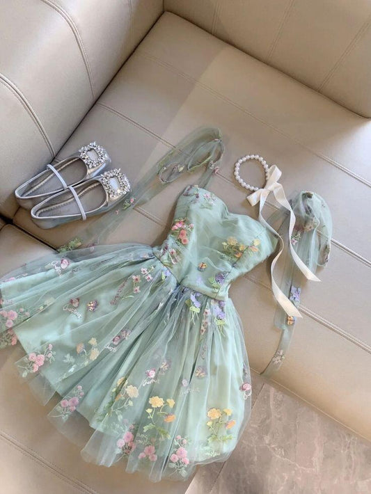 Fairy Green Tulle Floral A Line Short Homecoming Dress Cocktail Dress SP2749