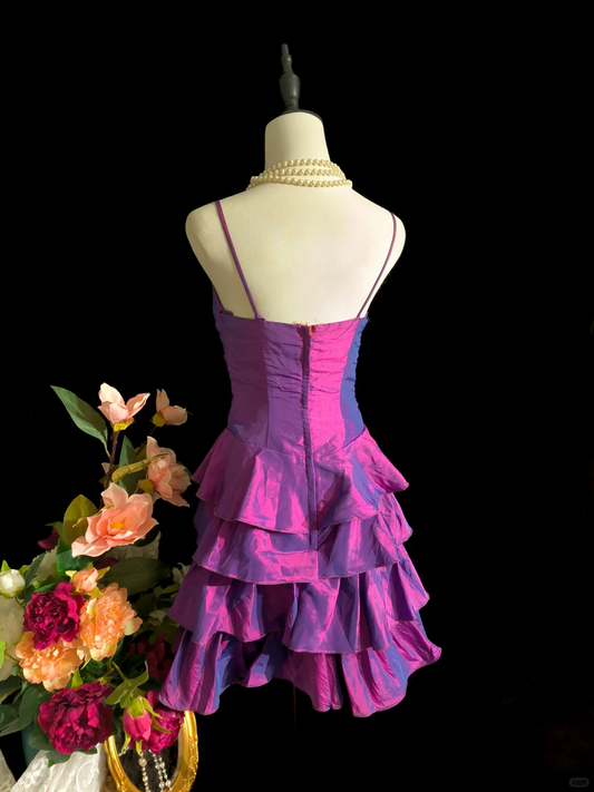 Elegant Spaghetti Straps Satin Pleated Appliques Mini Cocktail Dress,Purple Short 8th Grade Homecoming Dress SP2711