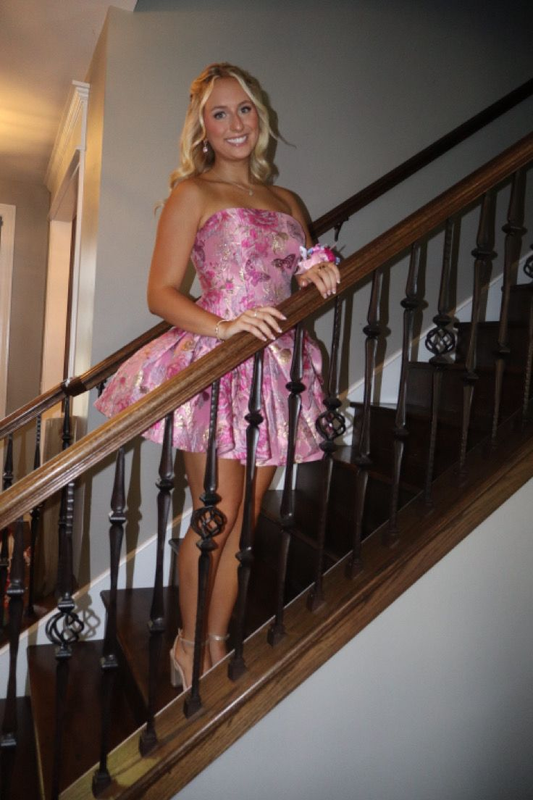 Cute Strapless Satin Print Floral A Line Short 9th Grade Homecoming Dress,Pink Short 15th Birthday Outfits SP2994