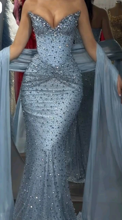 Elegant Strapless Blue Tulle Beaded Mermaid Long Prom Dress Party Dress SP3406