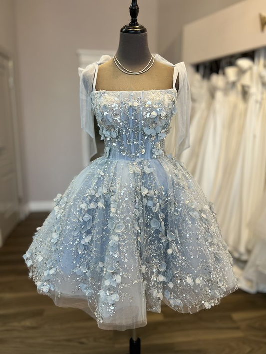 Classy Blue Spaghetti Straps Tulle Sequin Appliques A Line Short Birthday Dress Homecoming Dress SP3228
