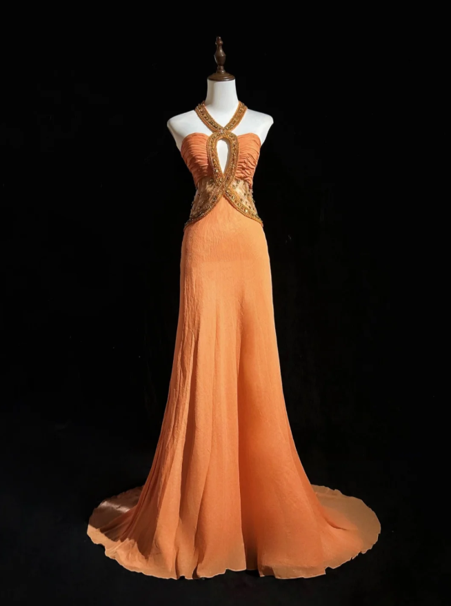 Unique Orange Halter Chiffon Beaded Mermaid Long Evening Dress Birthday Outfits SP1799