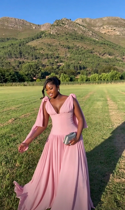 Pretty V Neck Pink Satin Chiffon A Line Long Party Dress Evening Gowns SP4278