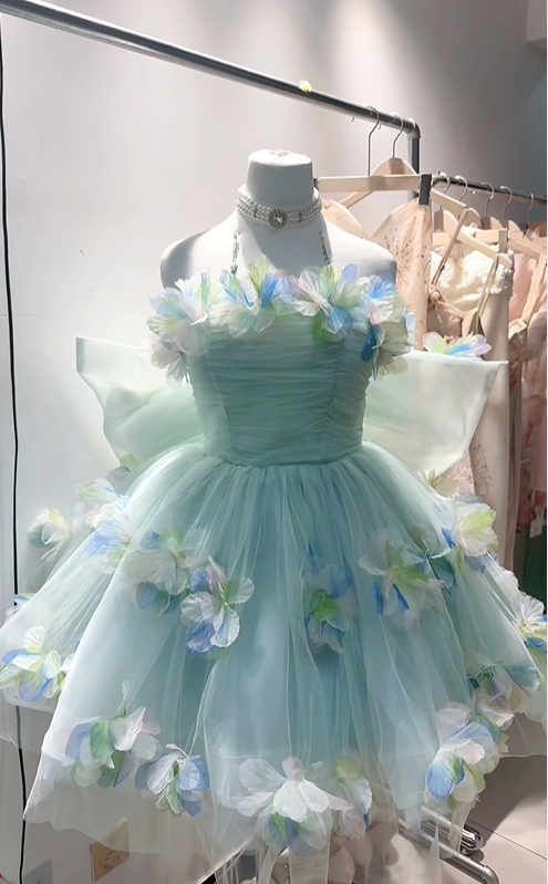 Pretty Mint Green Floral A Line Short 17th Birthday Outfits,Strapless Graduation Homecoming Dress With Bow SP2630