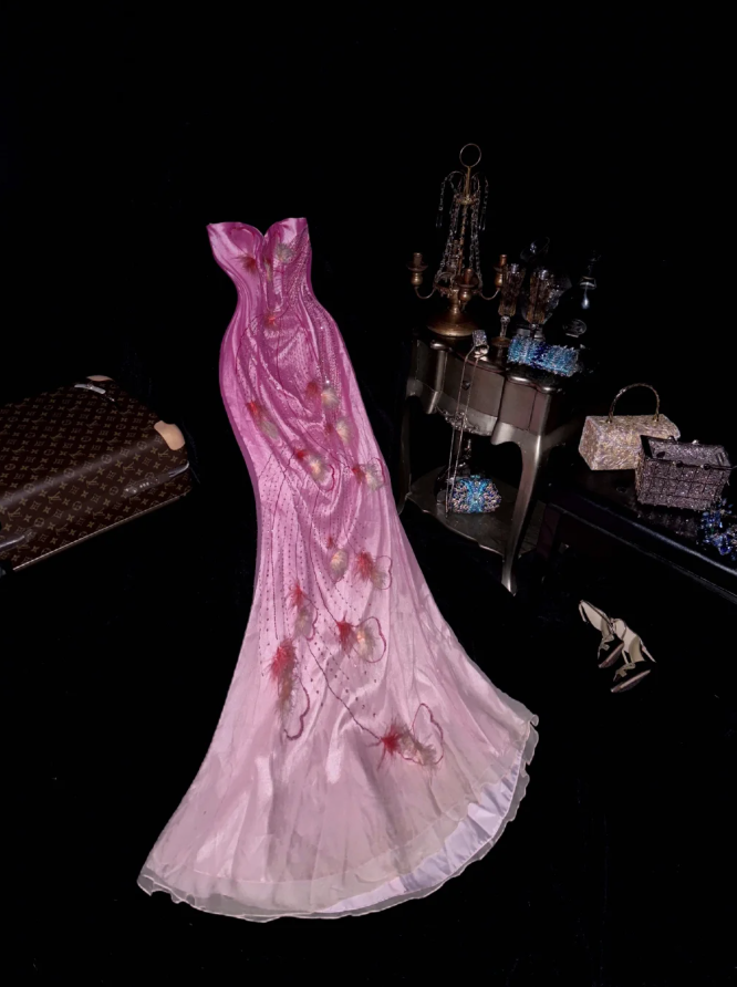 Pretty Strapless Ombre Pink Chiffon Beaded Birthday Outfits Mermaid Long Evening Dress  SP785