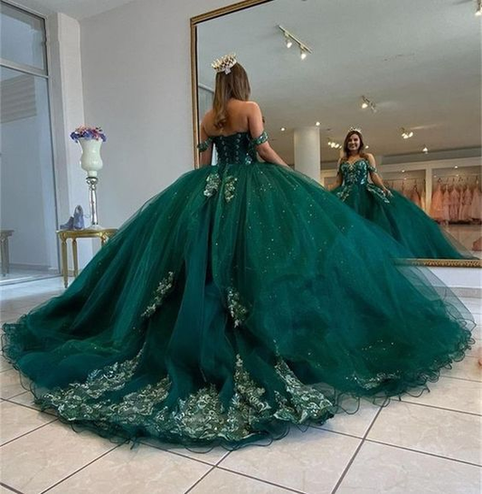 Emerald Green Quinceanera Dresses for Sweet 15 Year Ball Gown Sexy Off the Shoulder Puffy Lace Appliques Princess Dress Y6596