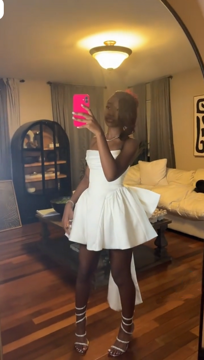 Cute Strapless White Satin A Line Short 6th Grade Homecoming Dress Cocktail Dress With Bow SP2493