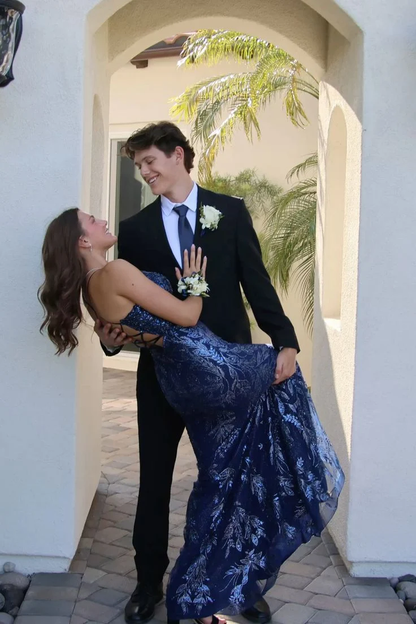 Fashion Spaghetti Strap Navy Blue Tulle Mermaid Long Party Dress Birthday Prom Dress SP4108