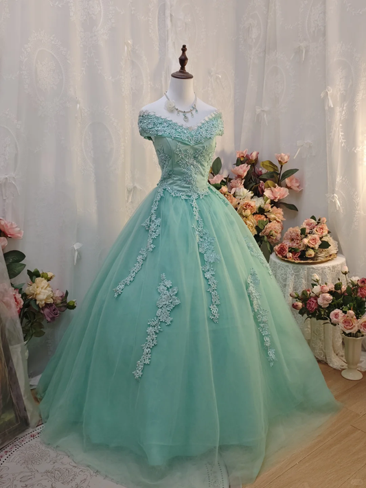 Charming Green Off The Shoulder Tulle Appliques Formal Quinceanera Dress Ball Gown SP2162