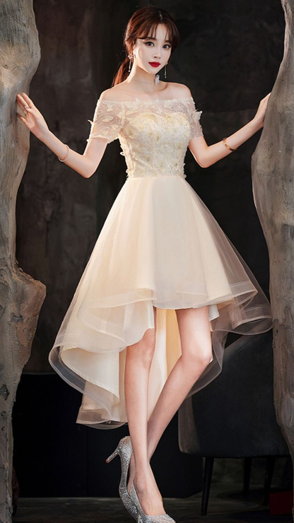 Champagne tulle high low prom dress champagne formal dress Y1937