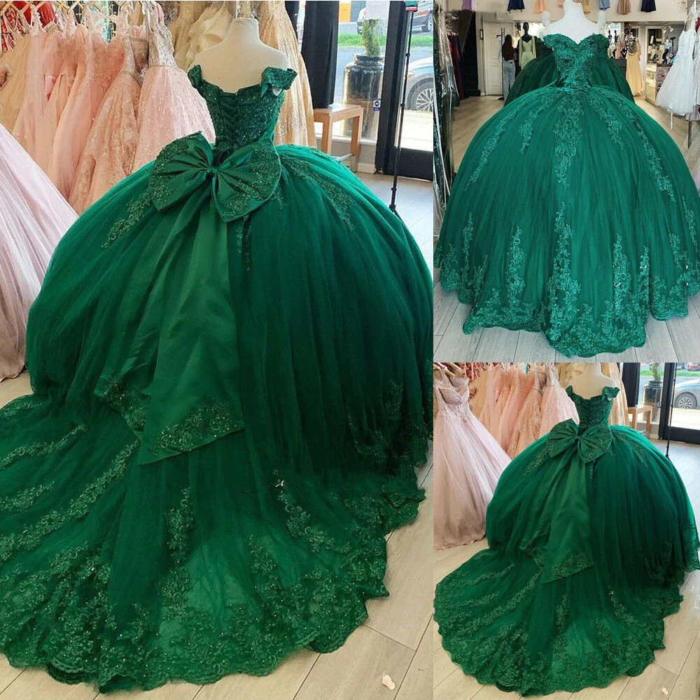 Off Shoulder Lace Tulle Quinceanera Dresses Dark Green Applique Ball Gown Y4080