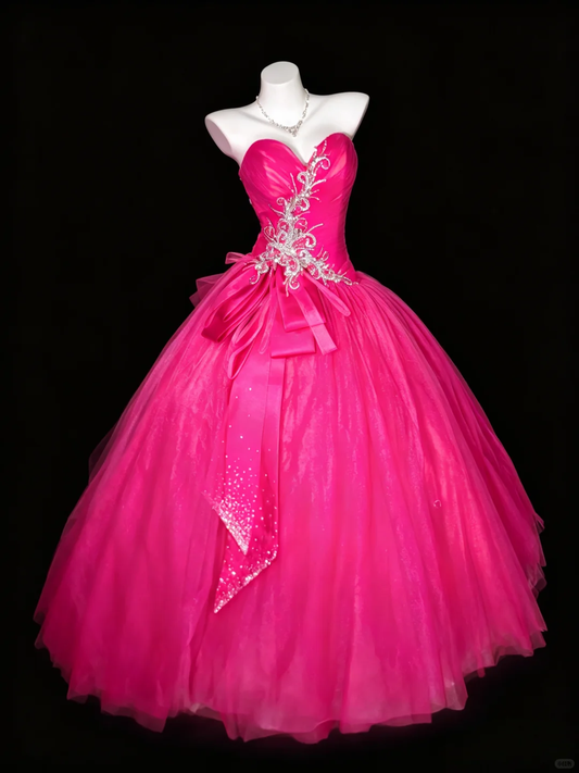 Glamorous Strapless Sweetheart Hot Pink Tulle Ball Gown Crystal Rhinestone Embellished Quinceanera Dress SP2737