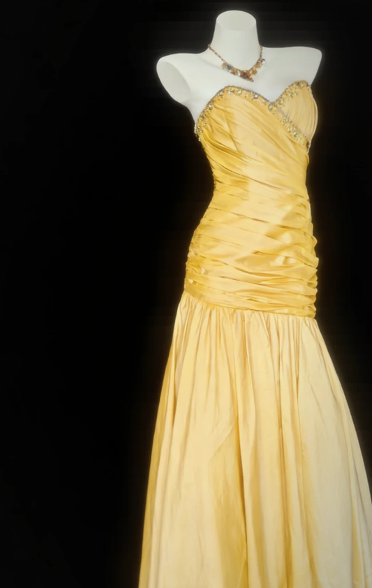 Fairy Yellow Strapless Satin Pleated Mermaid Long Party Dress Formal Wedding Guest Dress With Beads SP1639