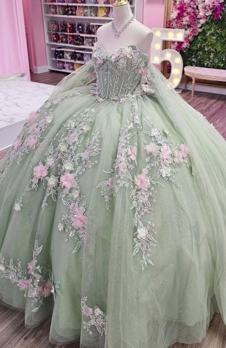 Charming Light Green Tulle Sequin Appliques Birthday Quinceanera Dress Sweet 16 Dress SP4289