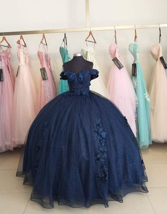 Navy Blue Off The Shoulder Sparkly Ball Gown,Princess Dress Y4426