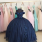 Navy Blue Off The Shoulder Sparkly Ball Gown,Princess Dress Y4426