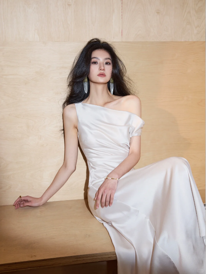 Classy White Satin Slit A Line Long Evening Dress Off The Shoulder Birthday Dress SP2088