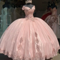 Sweet Pink Off The Shoulder Tulle LaceAppliques Ball Gown Quinceanera Dress Y7728