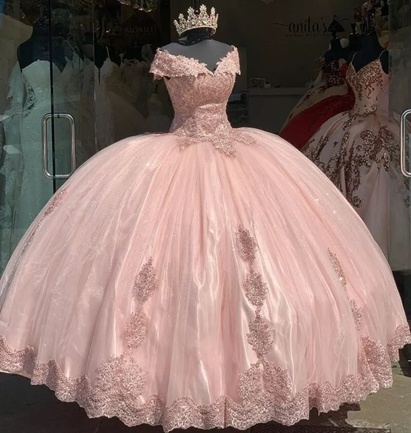 Sweet Pink Off The Shoulder Tulle LaceAppliques Ball Gown Quinceanera Dress Y7728