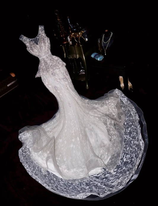 Pretty White Sleeveless Tulle Lace Appliques Mermaid Long Wedding Dress Bridal Dress SP754