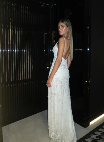 Gorgeous White Spaghetti Straps Satin Tulle Beaded Long Party Dress Birthday Outfits SP853