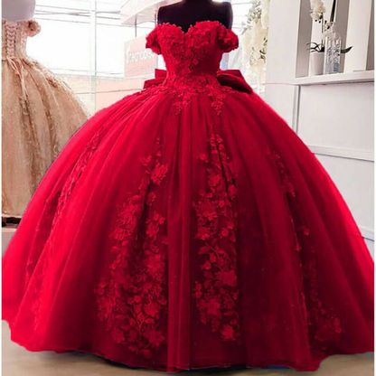 Big Bow Floral Flower Lace Applique Quinceanera Dresses Off Shoulder Sweet 16 Dress Ball Gown Y4263