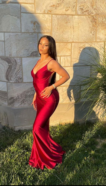 Red Satin Bodycon Mermaid Formal/Prom Dress Y5805